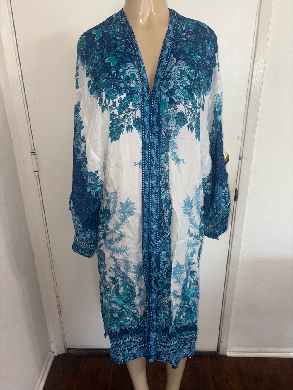 blue and white Hale Bob patterned Floral Open Front kaftans